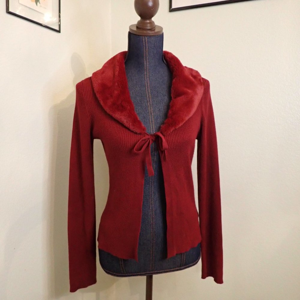 Maroon faux (removable) fur trim cardigan